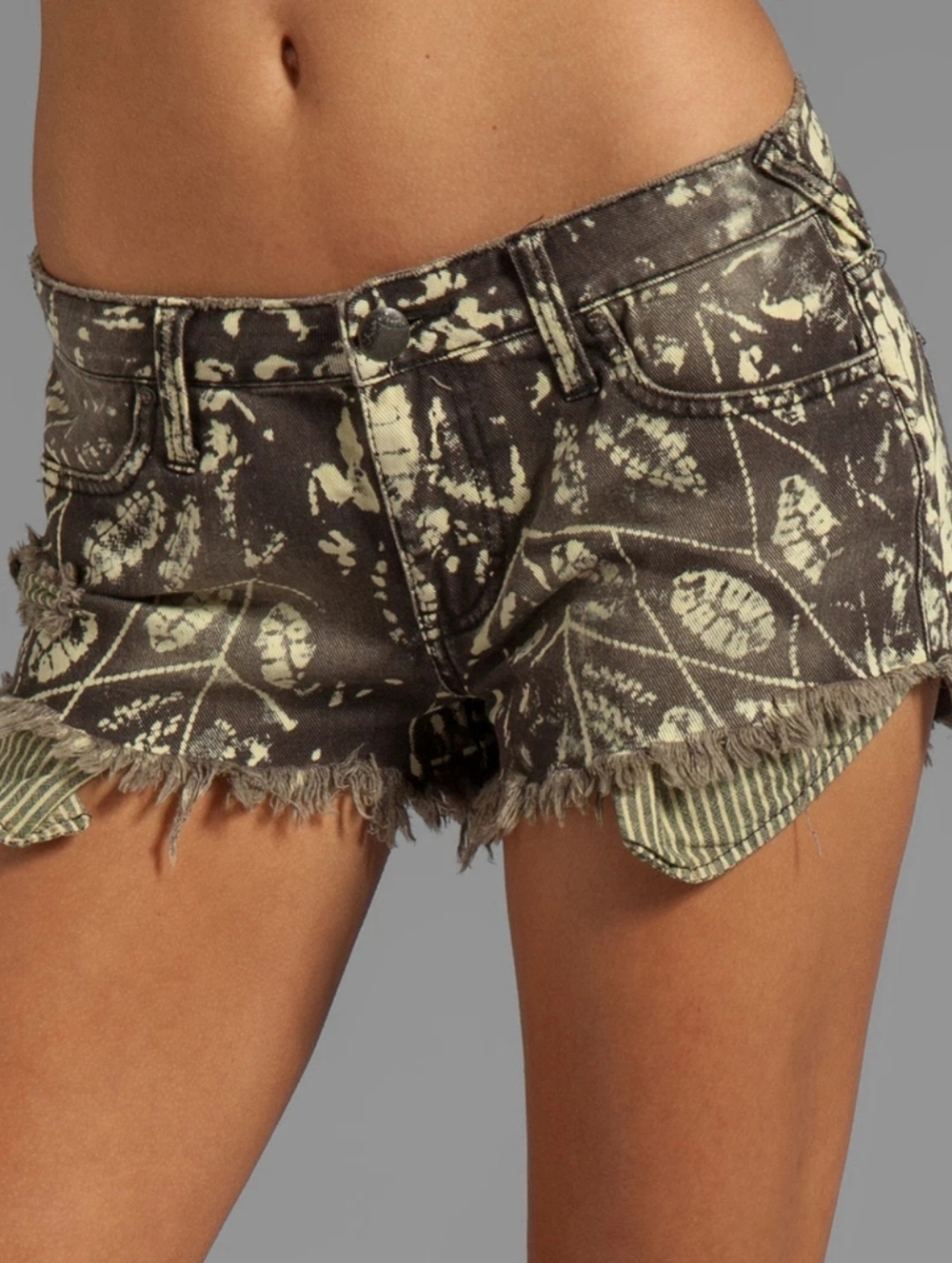 Free People Shibori Batik Leaf Print Stripe Distress Denim Micro Shorts